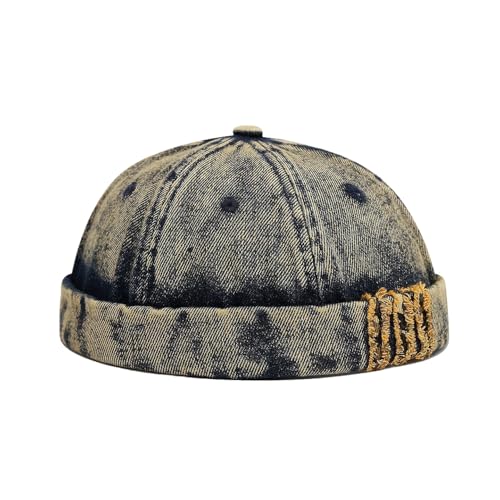 Unisex Washed Denim Distressed Rolled Cuff Brimless Docker Cap - color: Yellowish-blue