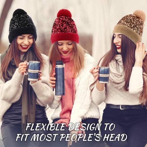 4 Pcs Sequin Pom Pom Beanie Winter - color: Black,silver,gold,wine Red