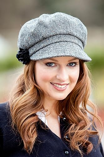 Newsboy Hat for Women's Cap 8 Panel Wool Made in Ireland - color: Gray Herringbone