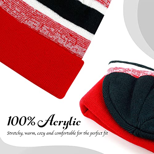 Winter Knit Beanie Hat with Pom Pom – Warm Cuffed Slouch Ski Cap for Men & Women - color: 2.red and Black