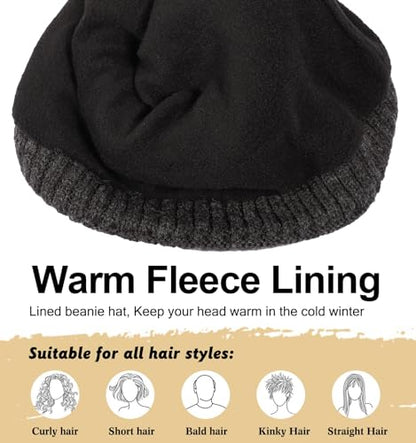 ZTL Merino Wool Beanie Hat for Men Women, Thick Warm Fleece Lined Knit Winter Hats Cuffed Beanie Stocking Hat Ski Skull Cap - color: Black Grey Mix