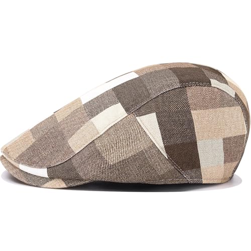 Flat Cap for Men Cotton Plaid Ivy Newsboy Hat Driving Golf Cap - color: Khaki