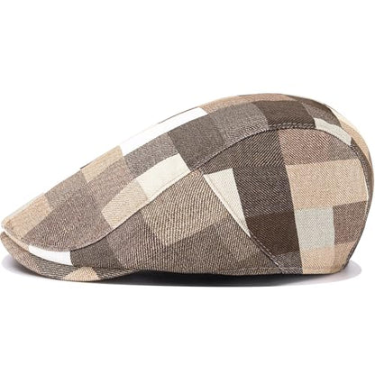 Flat Cap for Men Cotton Plaid Ivy Newsboy Hat Driving Golf Cap - color: Khaki