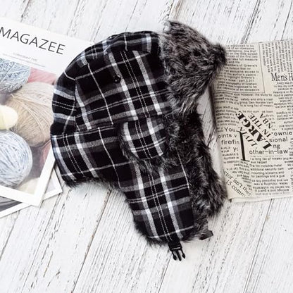 ONWAY Trapper Hat Winter Hats for Women Men with Faux Fur Ear Flaps - color: Blackplaid