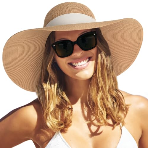 FURTALK Womens Sun Straw Hat Wide Brim Floppy Summer Beach Hats for Women - color: Khaki With Beige Band, size: Medium-Large