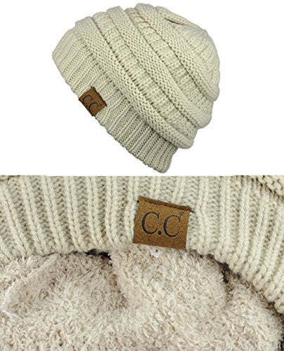 C.C Unisex Chunky Soft Stretch Cable Knit Warm Fuzzy Lined Skully Beanie - color: Beige