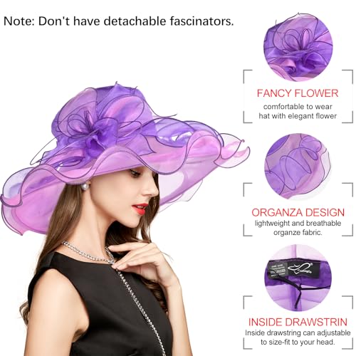 2026 Derby Hats for Women Ladies, Classy Organza Sun Hat, Church Tea Party Wedding Kentucky Fascinator Hat - color: 1j-2462-light Purple
