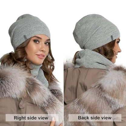 Hat and Scarf Set for Women – Knit Winter Beanie Fleece Lined Neck Warmer – Wool Double Layer Cap - color: Grey