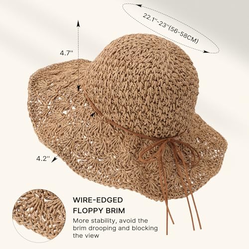 Beach Sun Hats for Women, Wide Brim Straw Hat, UPF 50+ UV Protection - color: Khaki-string