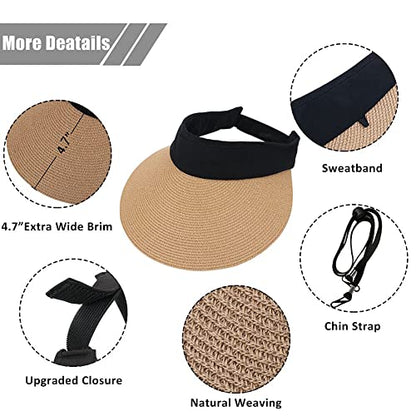 Women Straw Sun Visor Hat Wide Brim Summer UV Protection Beach Cap Foldable Packale Korean Style - color: Khaki