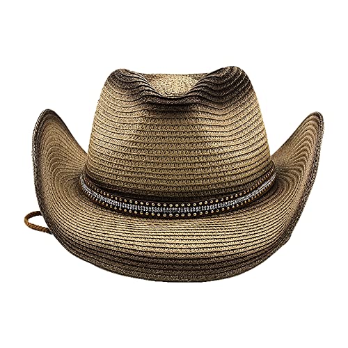 Men Straw Cowboy Hat Women Cowgirl Fedora Wide Brim Beach Sun Hat - color: Khaki & Black