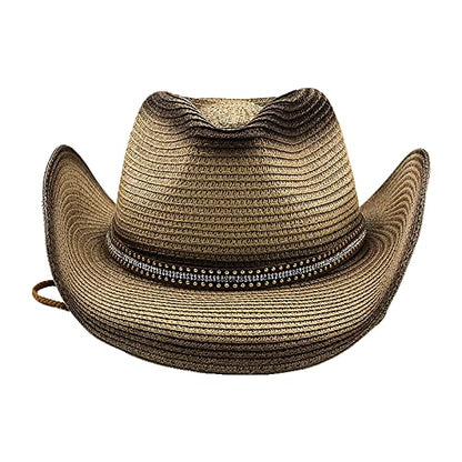 Cowboy Straw Hat Men Women Wide Brim Fedora Panama Bucket Hat UV Protection Vacation Cap Foldable Beach Western Cap - color: Beige-black