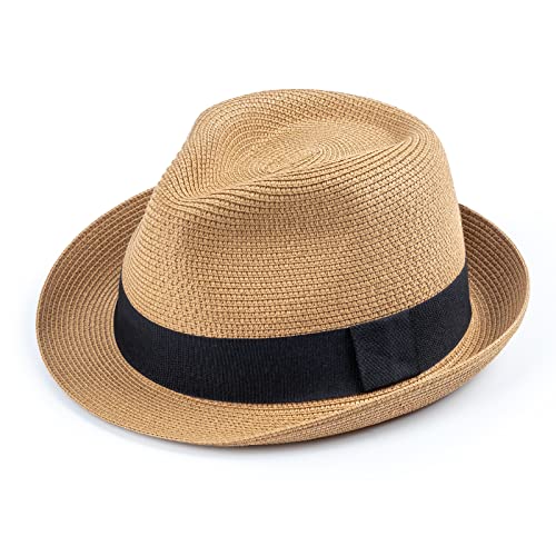 AQOKKA Summer Straw Fedora Hat for Women Men Travel Panama Hat with Wide Brim Roll Up Sun Hat for Beach Outdoor UPF 50+ - color: Khaki
