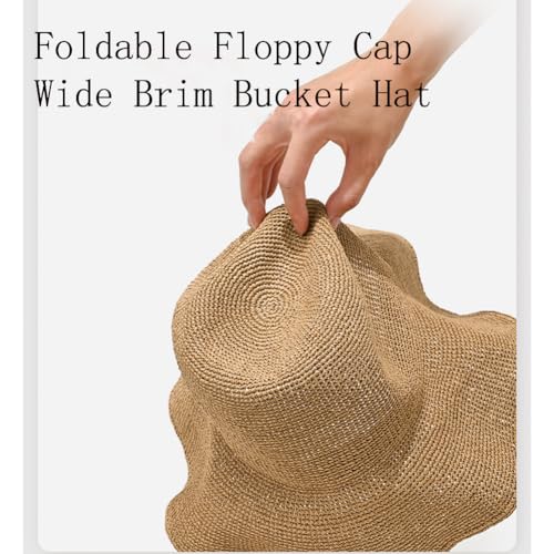 Women Straw Sun Hat Summer Beach Hats Foldable Floppy Cap Wide Brim Bucket Hat Solid Handmade Sun Protection Caps - color: Beige