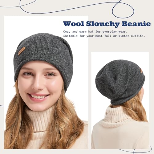 ACUSHLA 100% Merino Wool Slouchy Beanie for Women Men Winter Hat Skull Cap - color: Dark Grey