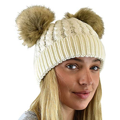 C.C 2 Ear Pom Pom Cable Knit Soft Stretch Cuff Skully Beanie Hat - color: Faux Fur Ivory