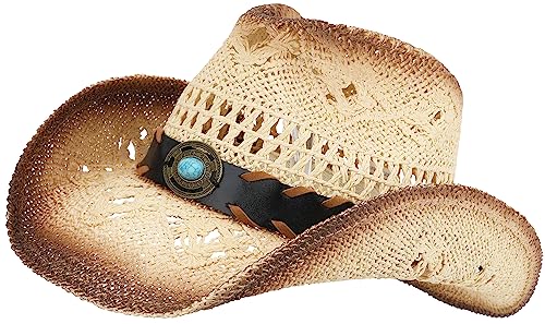 Pro Celia Men Women Cowgirl Straw Western Cowboy Hat - color: Blue Stone-beige