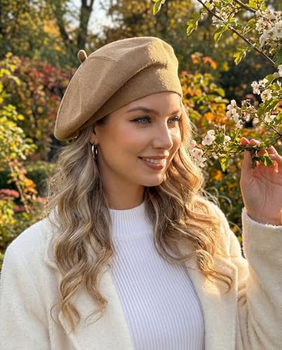 Women's Knitted Beret, French Style Double Layer Winter Autumn Warm and Soft Beanie Hat Cap - color: Dark Camel