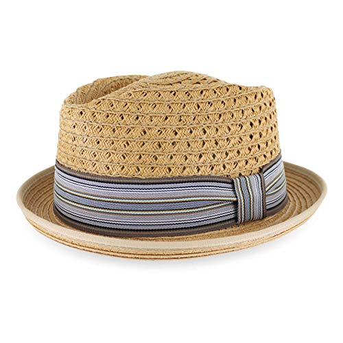 Belfry Men Women Summer Straw Porkpie Vented Trilby Fedora Hat in Blue Tan Black Brown Burgundy - color: Natural, size: Small