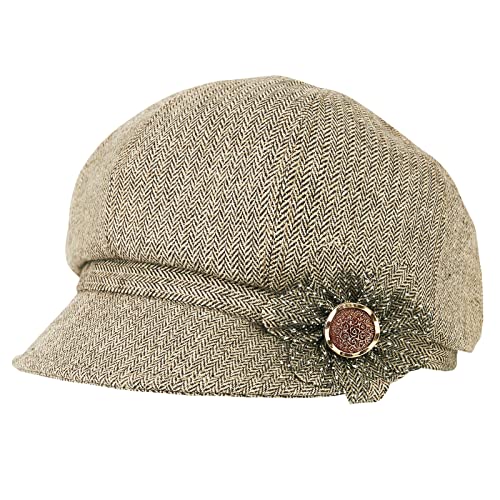 Women Retro Classic Visor Newsboy Cabbie Cap Beret Hats with Flower Buckle for Woman Ladies - color: 1khaki