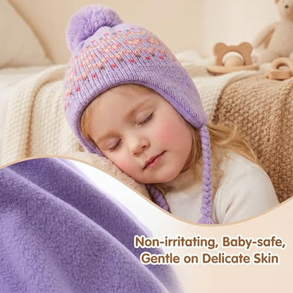 Moon Kitty Girls Knit Hats Winter Fleece Lining Skiing Winter Caps with Warm Ear Flap - color: Purple, size: 1-3T