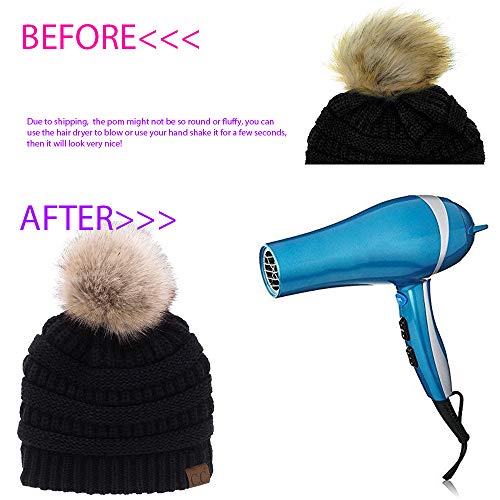 C.C Trendy Fuzzy Fleece Lined Warm Comfortable Soft Stretch Cable Knit Ribbed Faux Fur Pom Pom Beanie Hat - color: Beige