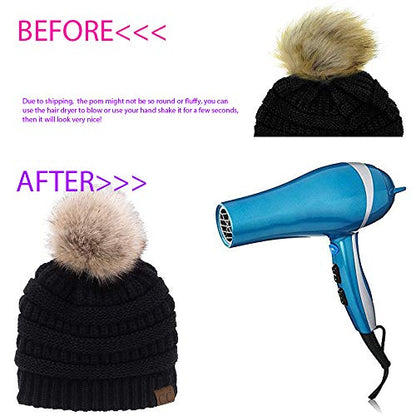 C.C Trendy Fuzzy Fleece Lined Warm Comfortable Soft Stretch Cable Knit Ribbed Faux Fur Pom Pom Beanie Hat - color: Beige