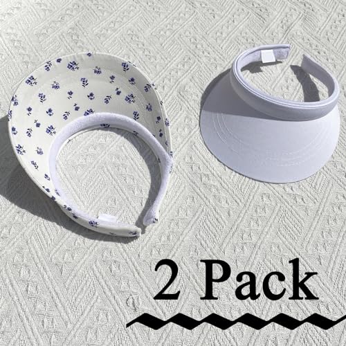 2 Pack Visor Women Men Sun Hat Clip On Visors Adjustable Sport Wide Brim Cap - color: Flower1 , White