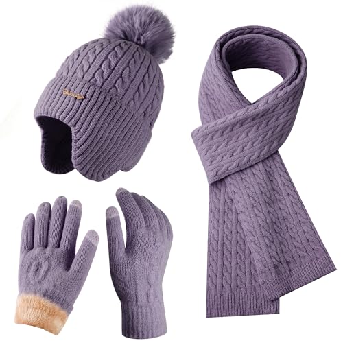 Winter Hat Scarf Gloves Set for Women, Classic Cable Beanie with Removable Pom Pom Long Scarf Touchscreen Gloves 3 in 1 Set - color: Purple Earmuffs
