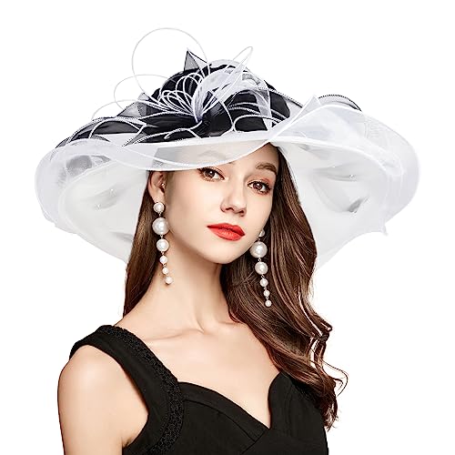 2026 Derby Hats for Women Ladies, Classy Organza Sun Hat, Church Tea Party Wedding Kentucky Fascinator Hat - color: 5j-2462-black White