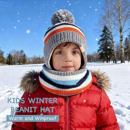 Beanie Knit Hats for Toddlers with Earflap Fleece Lined Hat Kids Warm Winter Hat Scarf Set Children's Thick Ski Cap - color: Rainbows-blue