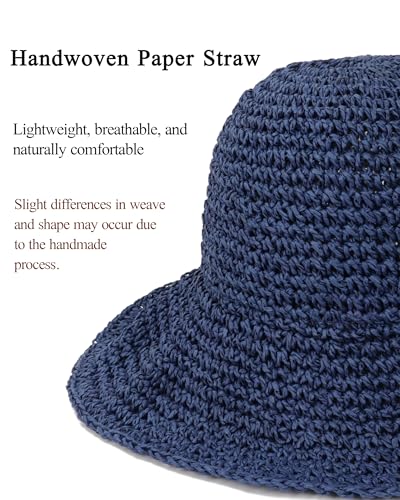 Womens Crochet Straw Sun Hat Foldable Floppy Wide Brim Beach Hat for Summer - color: Dark Blue