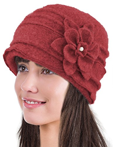 Dahlia Women's Winter Hat - Wool Cloche/Bucket Hat, Slouch, Flower - color: Ruffle Bucket Hat: Red