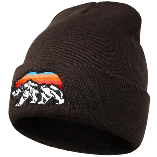 Knit Winter Beanie Hats for Men Women Cuffed Skull Cap with Mountain Embroidery Outdoor Christmas & New Year Gifts - color: Bear/Coffee