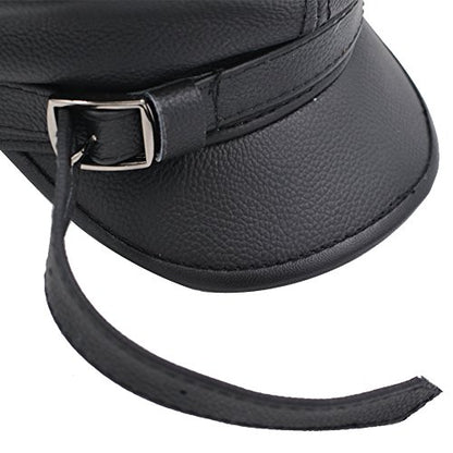 Unisex Genuine Leather Greek Fisherman Sailor Fiddler Driver Hat Flat Cap - color: Black, size: X-Large
