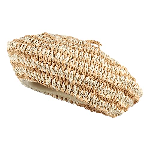 Women Summer Straw Woven Sunhat Classic Beret Artist Painter Sun Hat Cap - color: Stripes Khaki