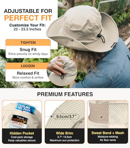 GearTOP Safari Hat for Men Sun Hats for Women UV Protection UPF 50+ Fishing, Gardening, Hiking Hat (22-23 1/2") - color: Light Grey & Beige Standard 2 Pack