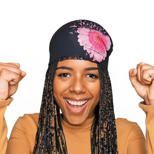 Jemis Sweet Heartwarming Breast Cancer Beanie Hat, Romantic Knitted Hat, Cancer Headwear Caps Baggy Skull Sleep Scarf - color: 2 Pack Pink & Black