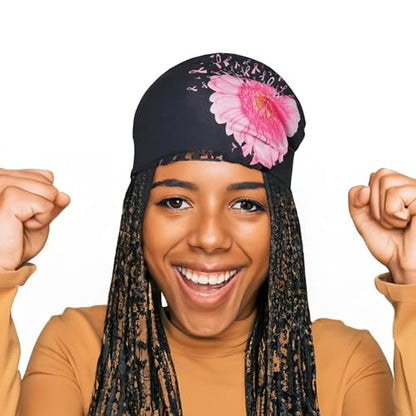 Jemis Sweet Heartwarming Breast Cancer Beanie Hat, Romantic Knitted Hat, Cancer Headwear Caps Baggy Skull Sleep Scarf - color: 2 Pack Pink & Black