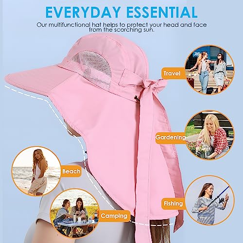 Womens Sun Hat UV Protection, Foldable Waterproof Wide Brim Bucket Hats with Neck Flap for Summer Beach Fishing Hiking - color: Pink