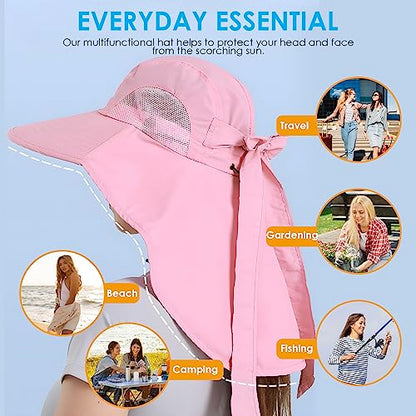 Womens Sun Hat UV Protection, Foldable Waterproof Wide Brim Bucket Hats with Neck Flap for Summer Beach Fishing Hiking - color: Pink