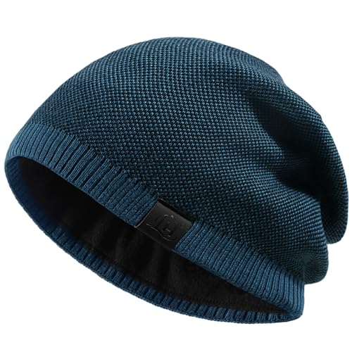 Fleece Lined Mens Beanie Scarf Set Thick Knit Winter Hat Neck Warmer Unisex - color: Blue