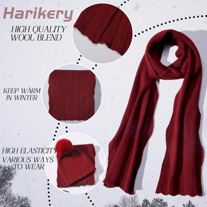Knit Hat Scarf Set with Detachable Pom Pom, Wool Blend Winter Beanie & Long Scarf, Cold Weather Accessories for Women - color: Red