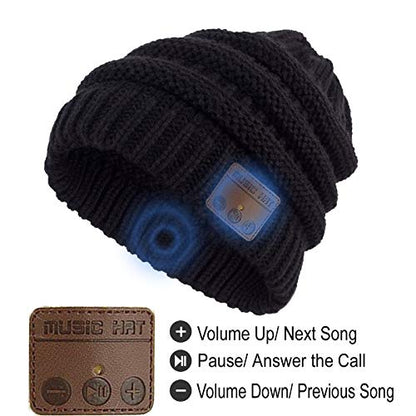 Wireless Music Beanie Hat for Men Women Unisex Winter Warm Soft Knit Cap Beanie with Wireless Headphone Headset Stereo HD Speaker Mic Boys Girls Tech hat - color: Black-02
