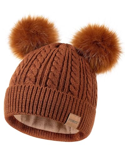 FISFET Beanies Women with Double Pom Pom, Winter Hats for Women Cold Weather Warm Knit Fleece Lined, Cute Beanie Cap - color: Dark Orange