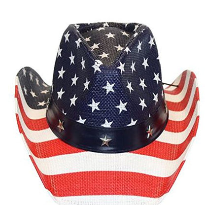 USA American Flag Straw Cowboy Hat w/ Shapeable Brim, Red, White, Navy Blue