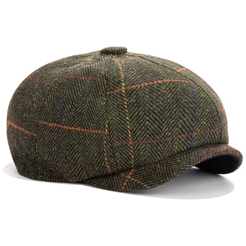 Men's Wool Newsboy Cap 8-Panel Tweed Taxi Hat Herringbone Gatsby Flat Hats - color: A-khaki
