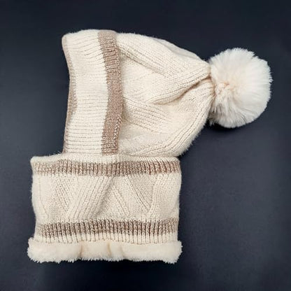 HUAMULAN Women Winter Knit Beanie Hats One Piece Fleece Lined Balaclavas - color: Beige + Khaki Stripe