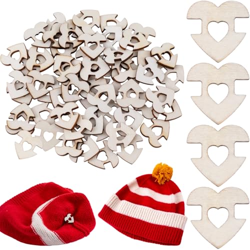60pcs Wooden Hat Pom Poms Buttons, Heart Shape Removable Knitted Hat Button, Faux Fur Fastener Sewing Accessories for Crochet Knitting Beanies- Light Brown(C) - color: Light Brown-C-60pcs