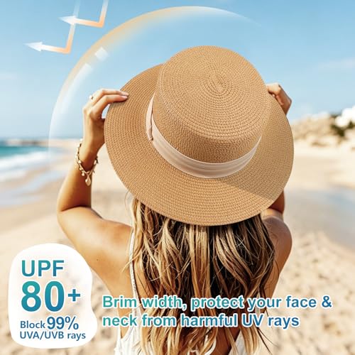 DRESHOW Women Straw Panama Hat Travel Fedora Beach Sun Hat Summer Wide Brim Straw Roll up Hats UPF 50+ - color: 1 Pack Boater Hat: Khaki With Beige Band